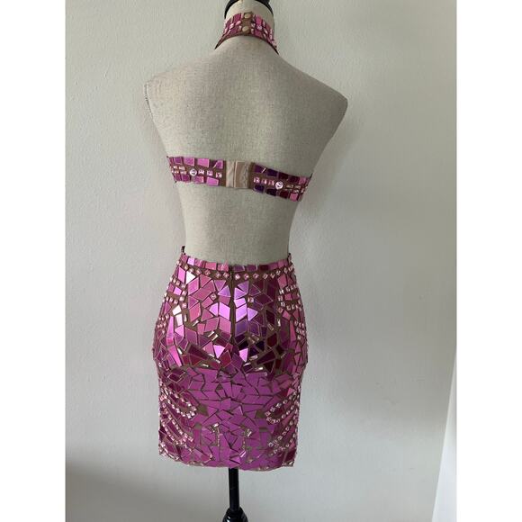 Grisha Acrylic Mirror Cutout Mini Dress Sz Small Pink Festival Rave Love Island - Picture 8 of 14